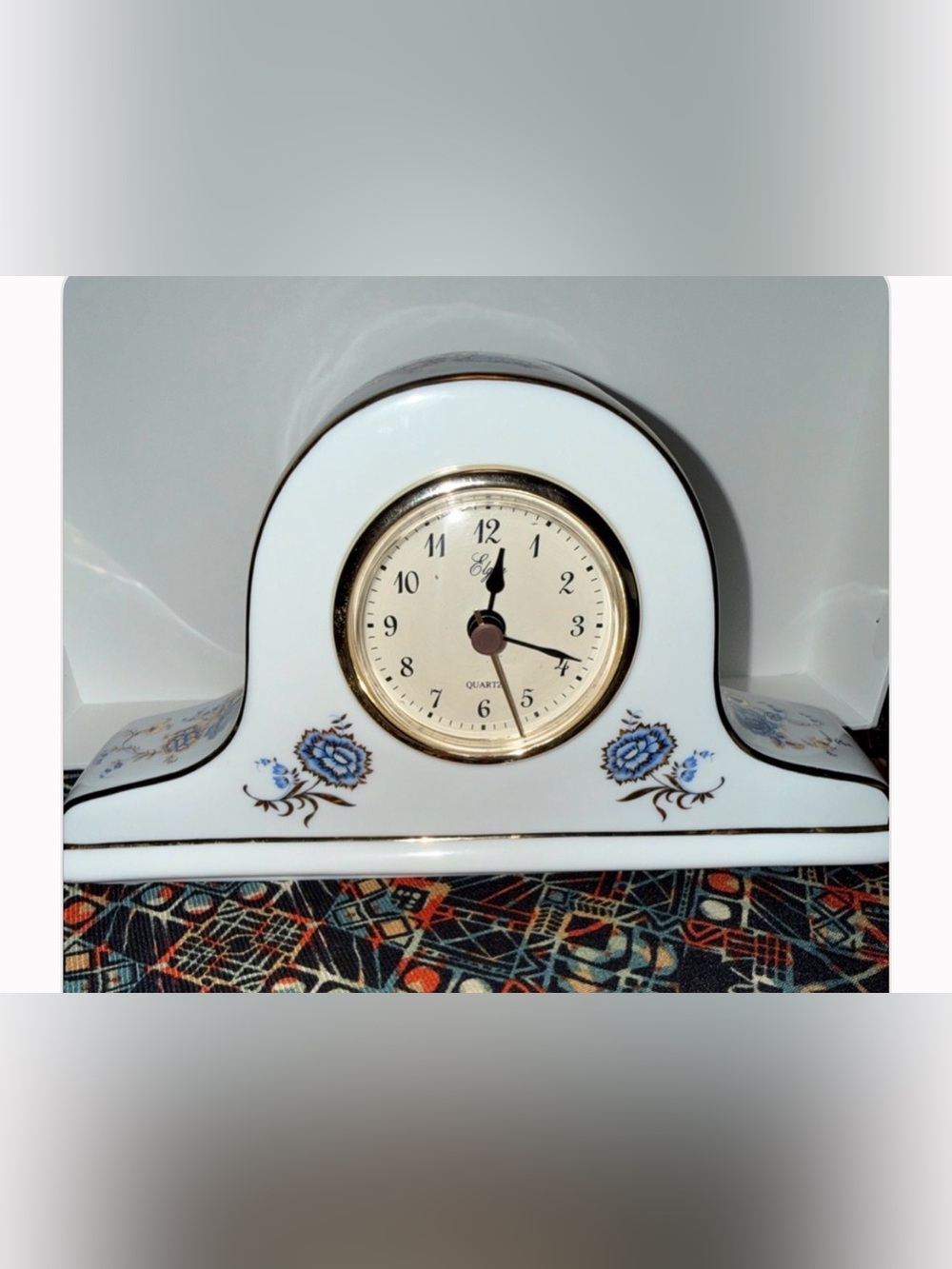 Vintage Elgin White Porcelain Mantel Clock with Blue Floral Accents-Gold trim.